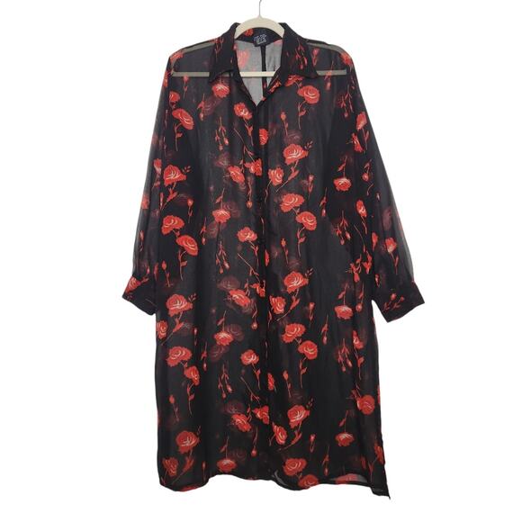Vintage Sheer Maxi Duster Emo Goth Fall Autumn 1X Roses Art Nature Button Shirt - Picture 1 of 6